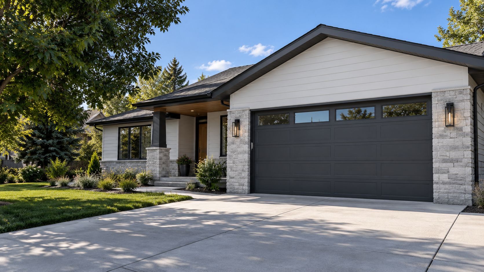 Illustrative ranch-style home with a charcoal double garage door; AI-generated, not a completed NorthForge project.